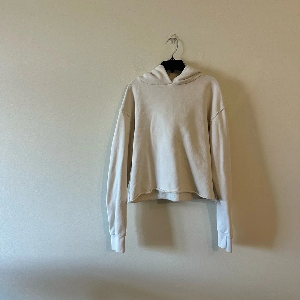 perfectwhitetee Kokomo Beach Raw Hem Cut Off Crop Hoodie Ivory Cotton S - Picture 1 of 7